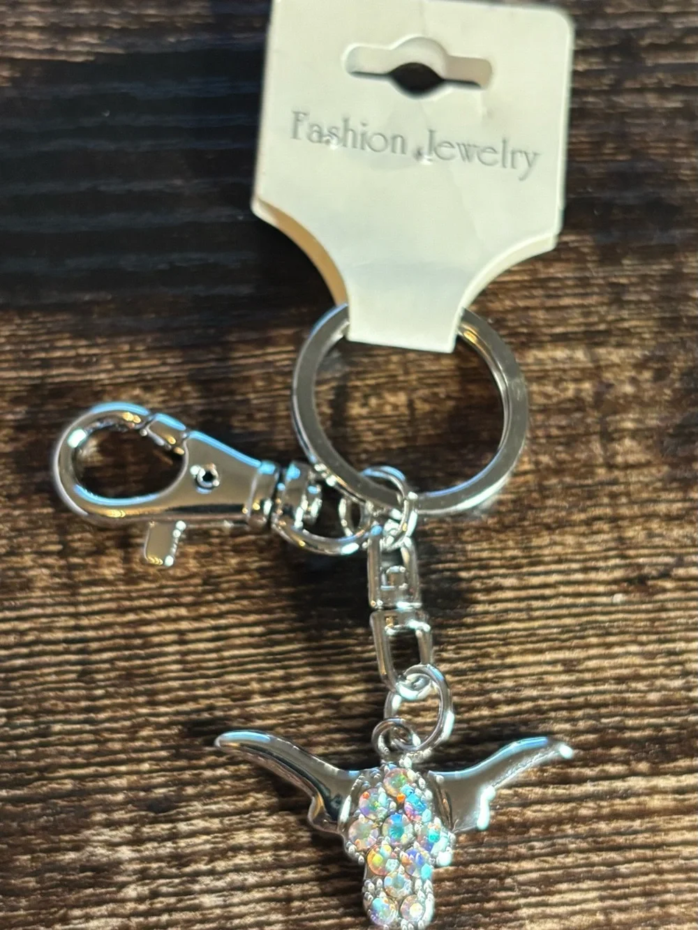 Silver Tone Iridescent Crystal‎ Longhorn Bull Charm Keychain